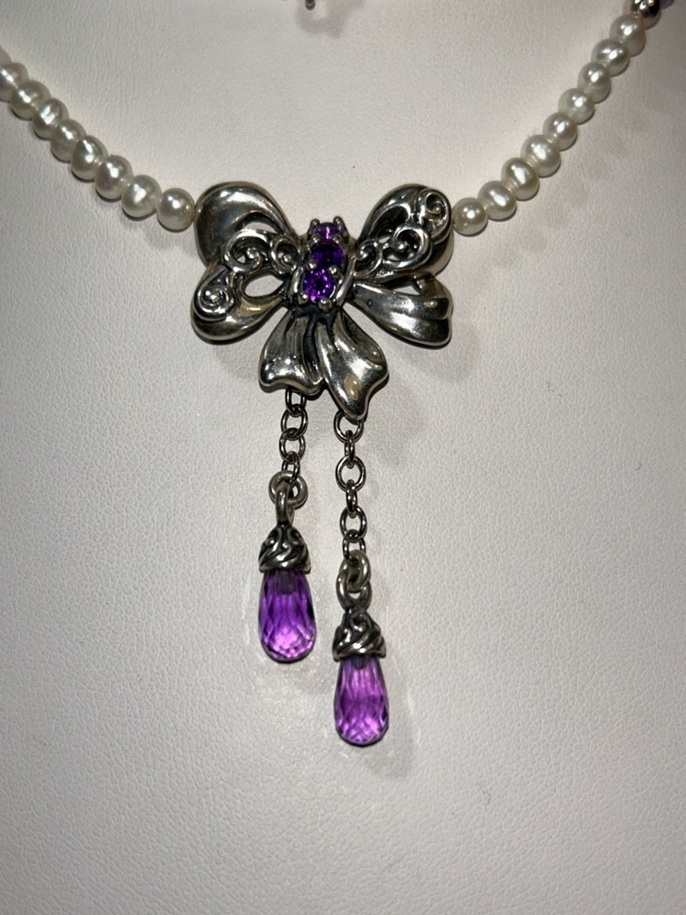 NWOT Carolyn Pollack Sterling Silver Genuine Amethyst & Pearl Designer Necklace - Picture 3 of 9